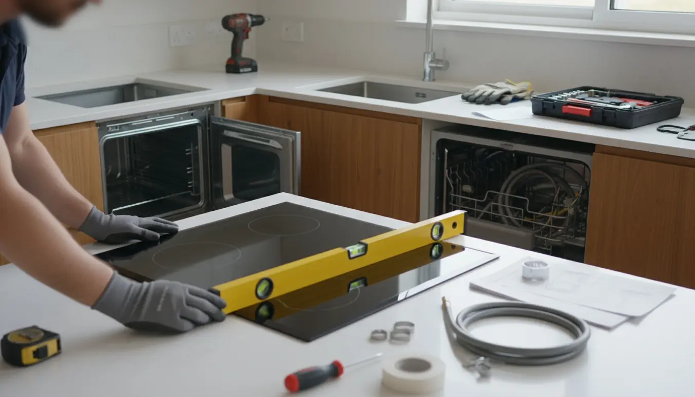 Montage af indbygningsovn, induktionskogeplade og opvaskemaskine i et moderne køkken med værktøj og hænder i fokus.