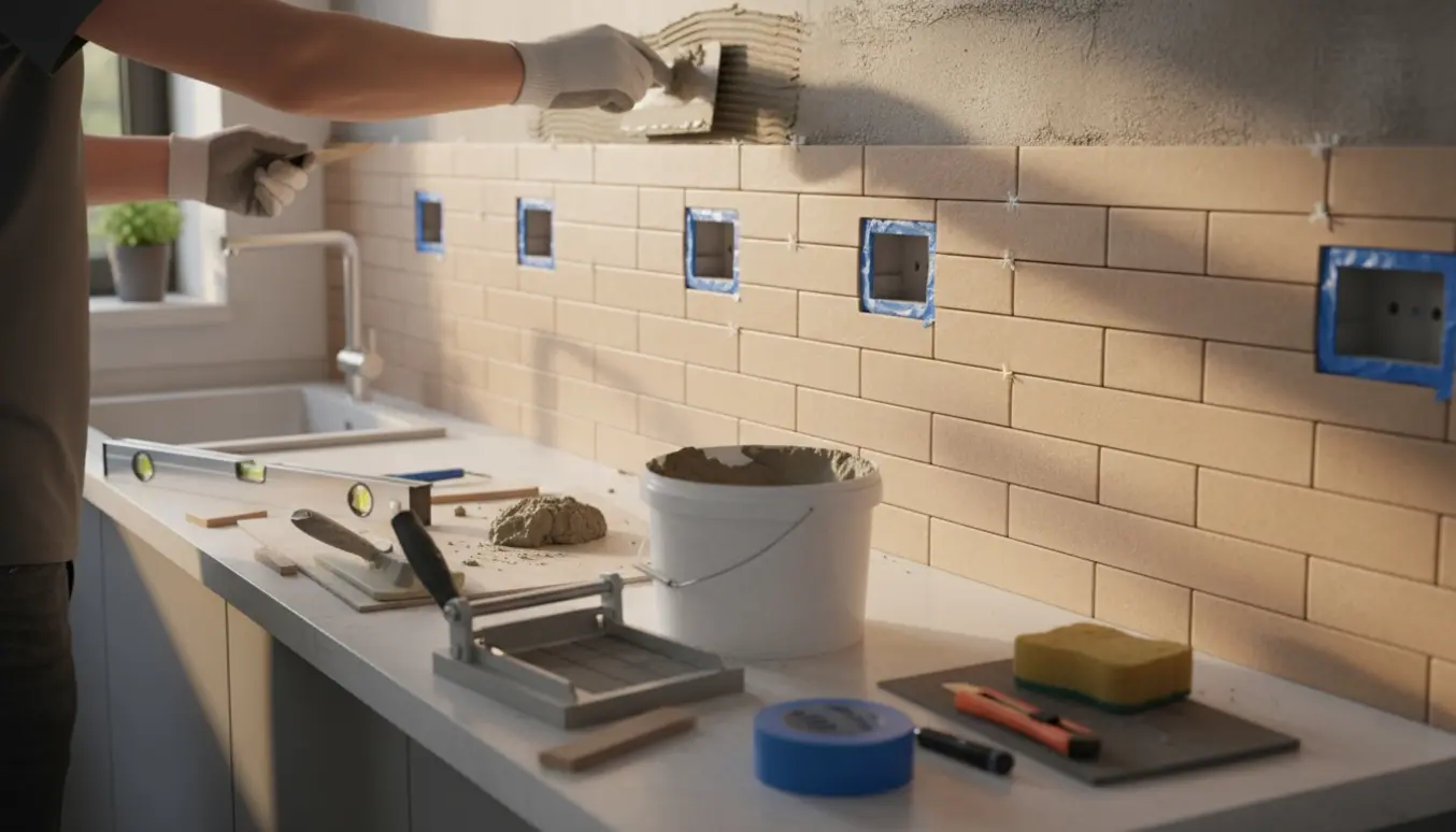 Nærbillede af installation af sandfarvede rektangulære køkkenfliser på en bagvæg med værktøj og hænder i arbejde.