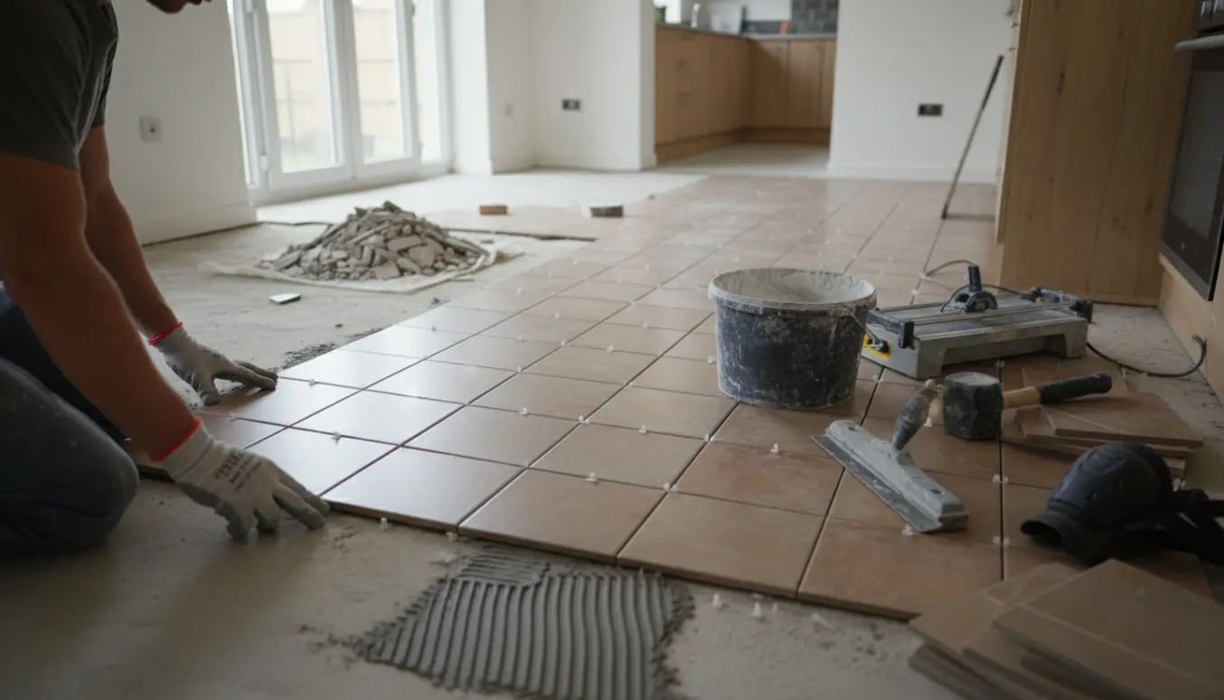 Hænder lægger nye 30x30/30x60 fliser i køkkenets gulv med værktøj og gamle fliser i baggrunden.