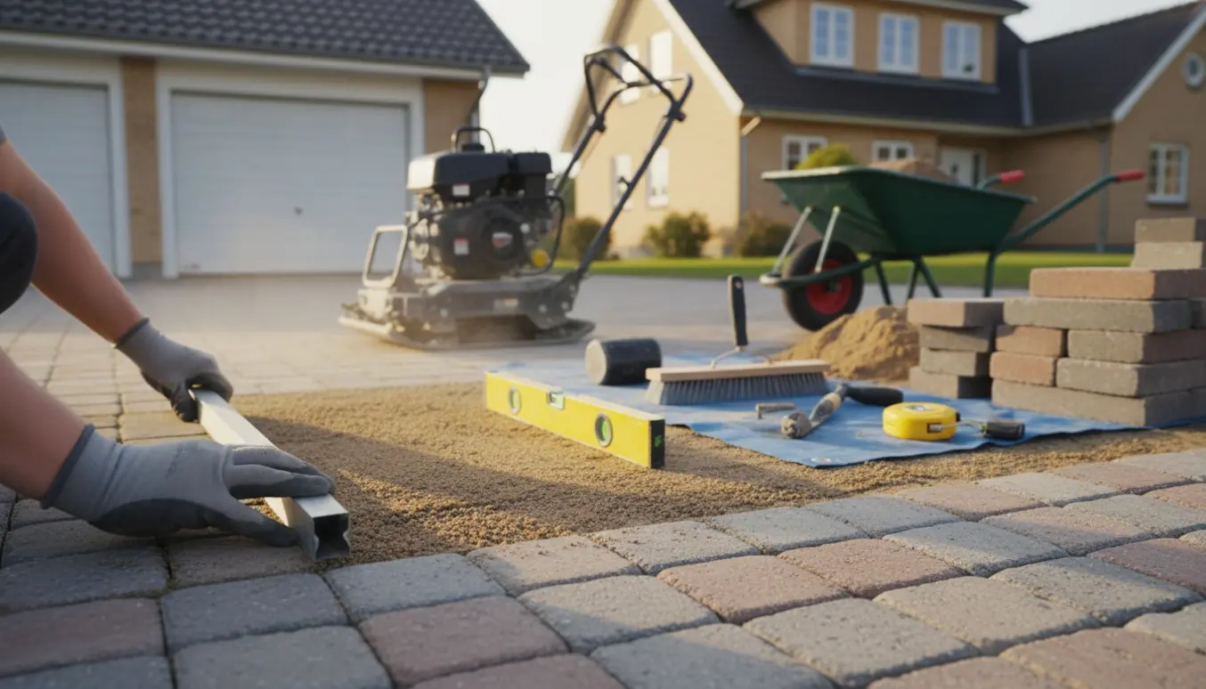 Nærbillede af opretning af kørespor i en indkørsel med herregårdssten og værktøj.