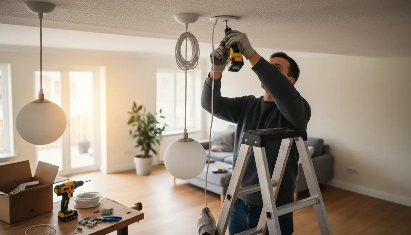 Person på stige monterer pendellamper i et højloftet rum med værktøj og ekstra ledning klar.