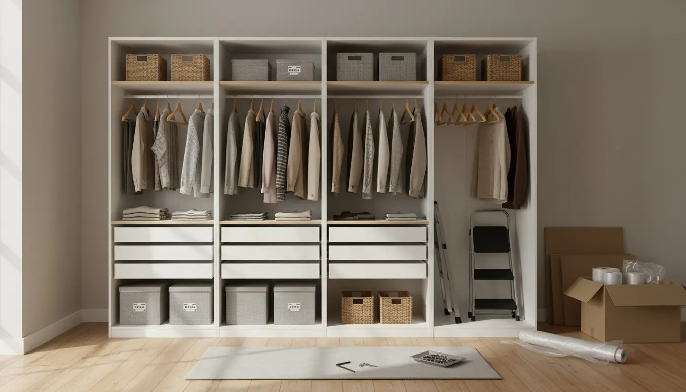 Samlet IKEA-garderobe uden låger i et lyst værelse med pakningsaffald klar til fjernelse.