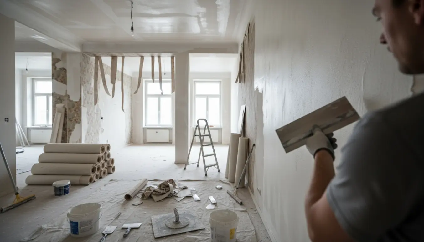 Lejlighed under renovering med fjernet tapet, fuldspartlede vægge og filt samt værktøj og materialer på gulvet.