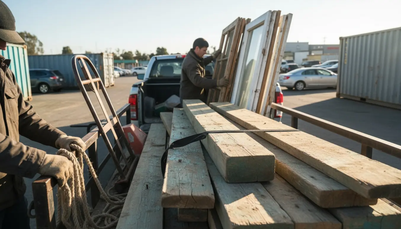 Åben trailer læsset med genbrugstræ bliver surrret med stropper på en genbrugsplads.