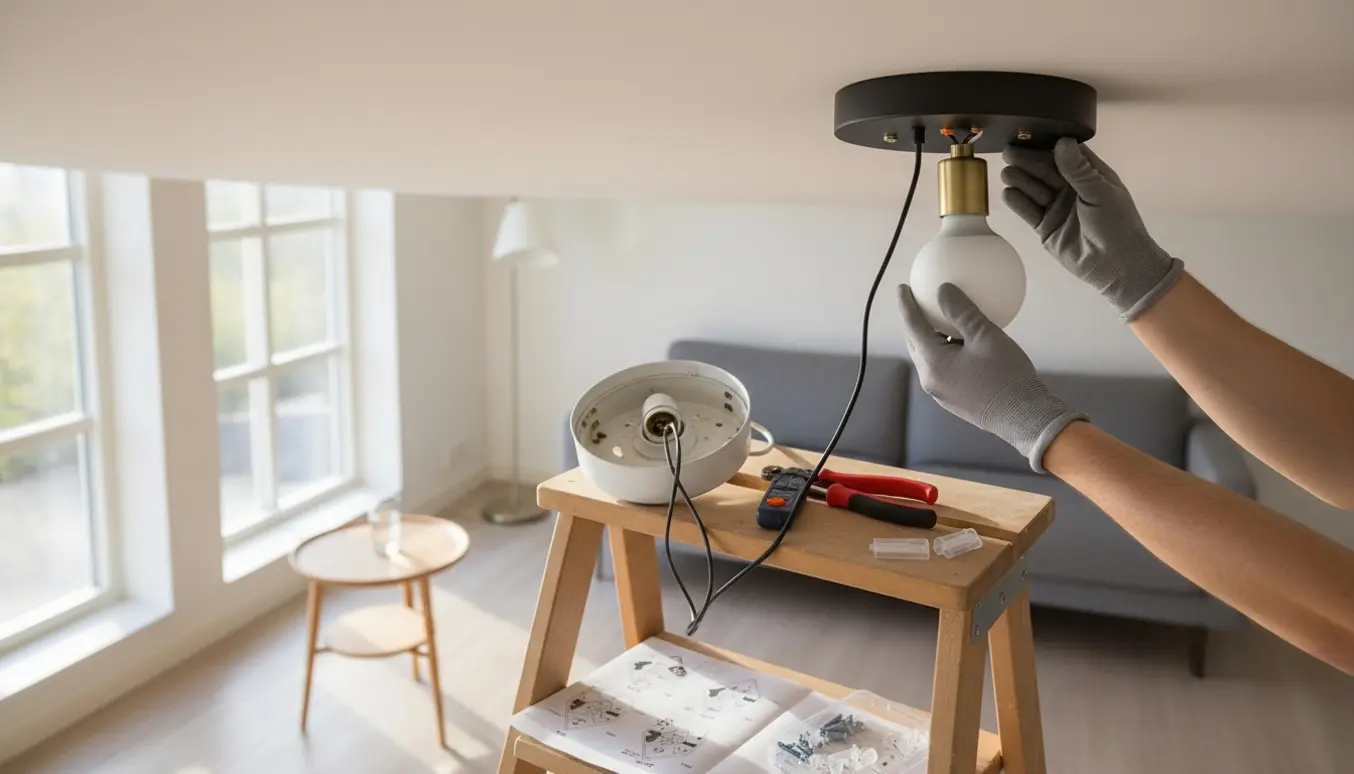 Hænder på en stige monterer en ny loftlampe med værktøj og ledninger i en lys stue.