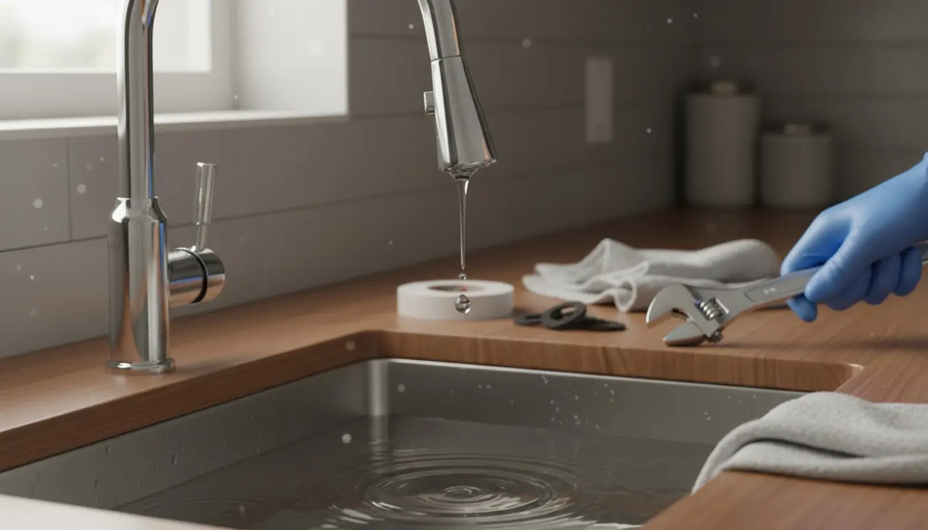 Dryppende køkkenvandhane over vask med skruenøgle og tætningsbånd klar til reparation.