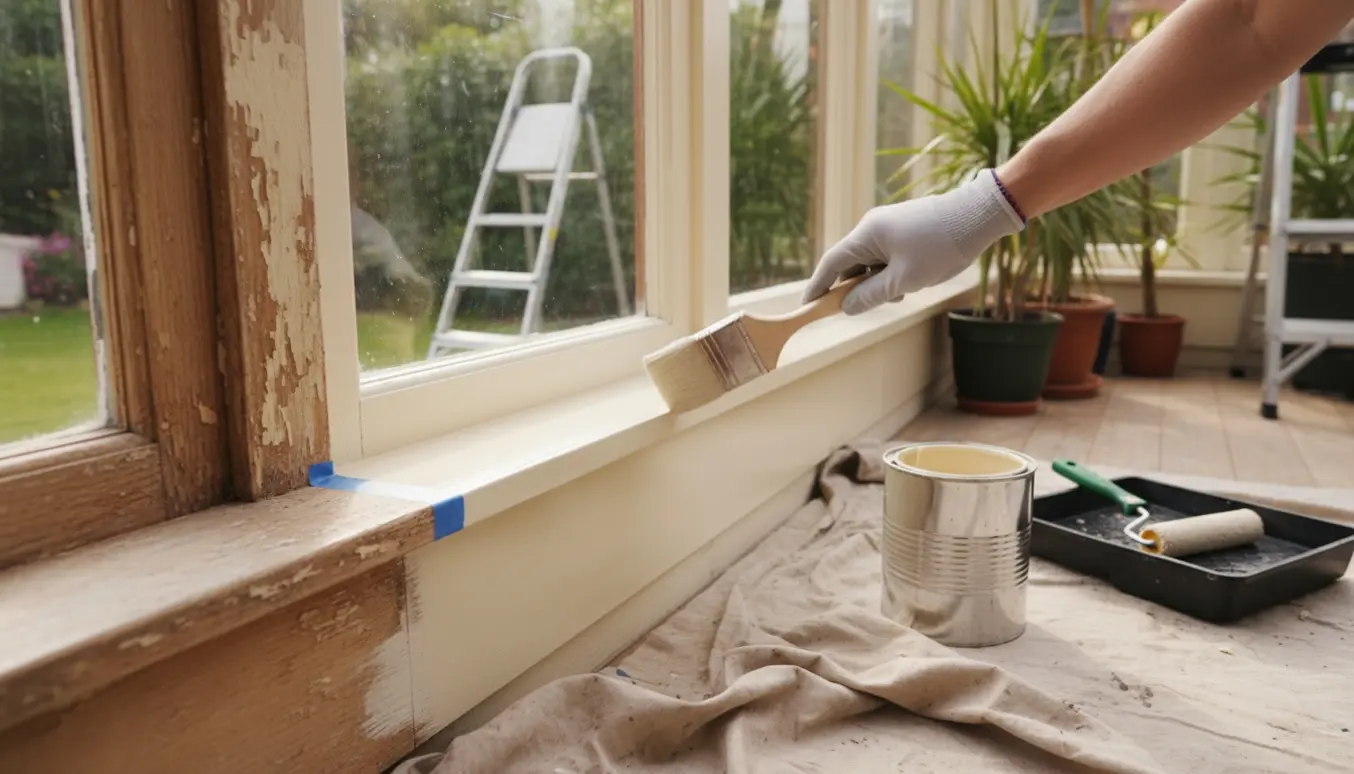 Nærbillede af maling af træramme på udestue med pensel, malerbøtte og afdækning i varmt dagslys.