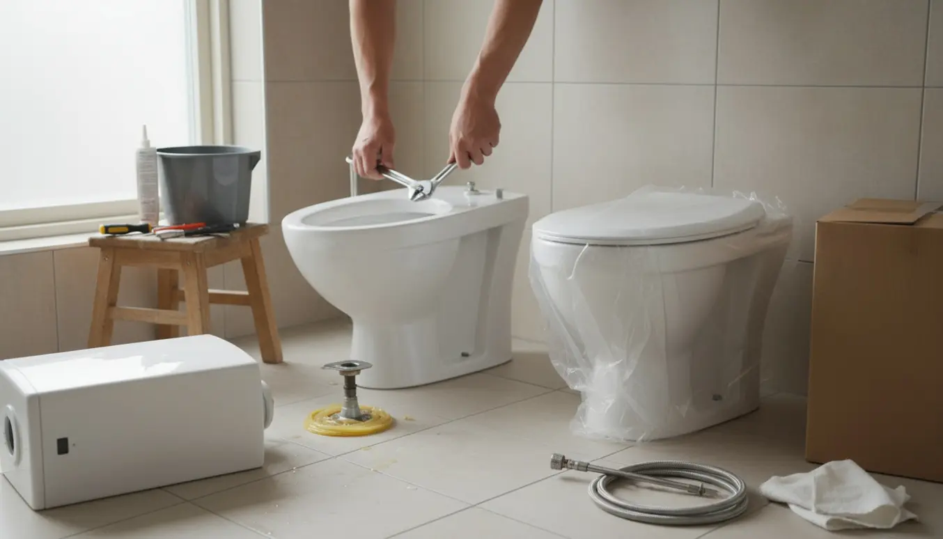 Håndværker fjerner et gammelt toilet i et lyst flisebadeværelse med et nyt toilet klar til montering.