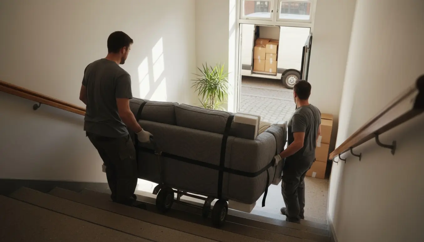 Flyttefolk bærer en indpakket sofa ned ad en lys trappe mod en åben flyttevogn på en stille københavnsk gade om morgenen.