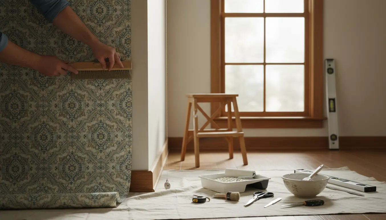 Nærbillede af tapetsering ved et vindue med mønstret tapet og værktøj.