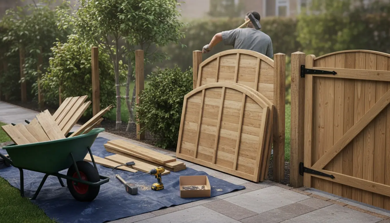 Håndværker genopsætter havehegn ved lille rækkehus med nye buede paneler, værktøj og bevarede buske i naturligt lys.