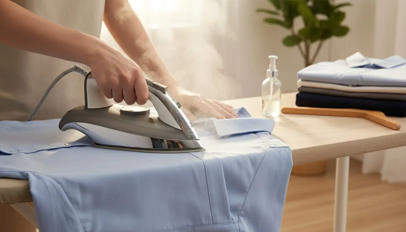Hænder stryger en skjorte med dampjern på et strygebræt med en pæn bunke nystrøget tøj ved siden af.