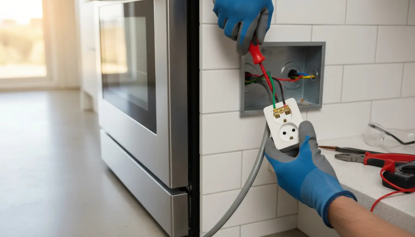 Installatørens hænder monterer en jordet stikkontakt bag en ovn i et lyst, moderne køkken.