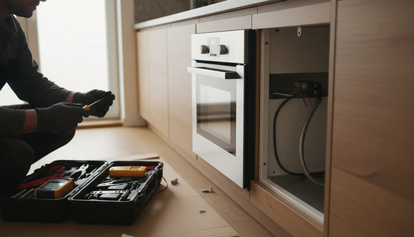 Elektriker monterer og fasttilslutter en indbygget ovn i et moderne køkken, kun hænder synlige.