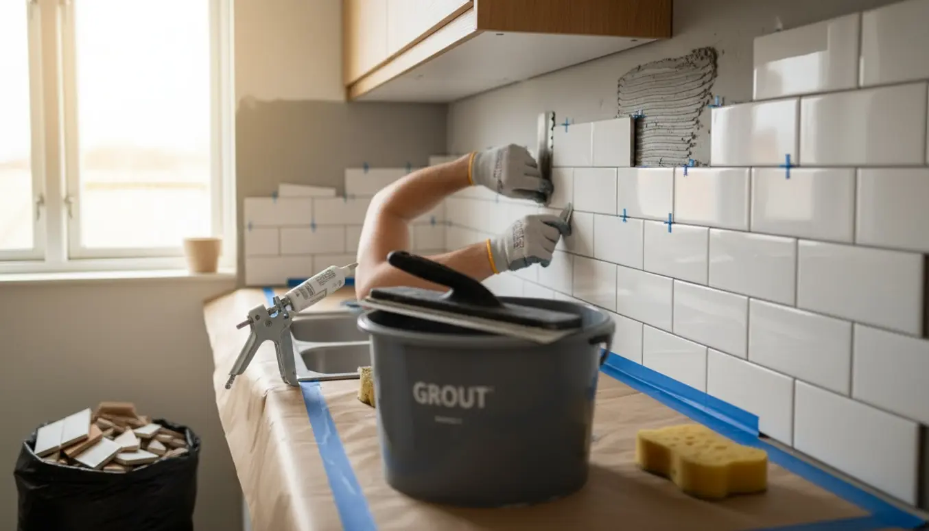 Halvfærdig køkkenbagvæg med hvide metrofliser i forbandt og håndværkerhænder ved arbejde.