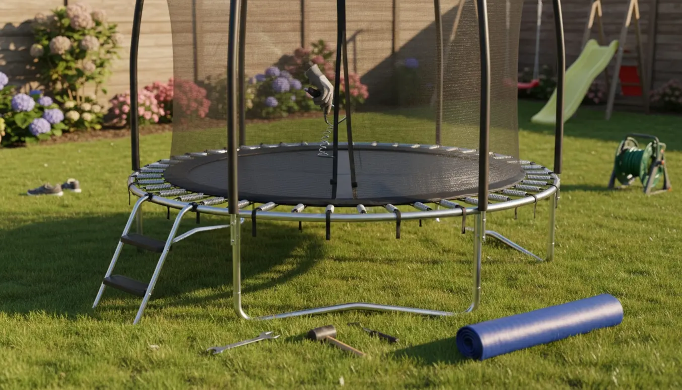 Nyligt opstillet trampolin i haven med værktøj og en person, der strammer en fjeder uden at ansigtet er synligt.