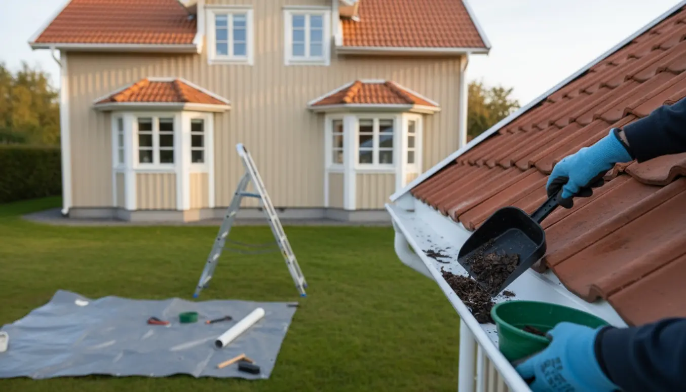 En person renser tagrenderne på et hus med fire karnapper, mens blade og snavs bliver samlet i en spand.