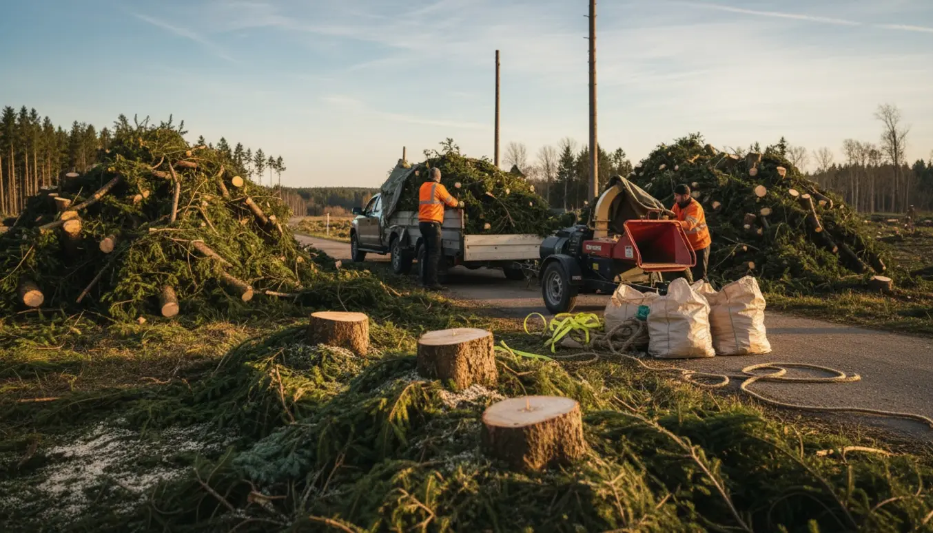 Store bunker af grangrene ved en trailer, arbejdere set bagfra læsser grenene ved stubbede træer.
