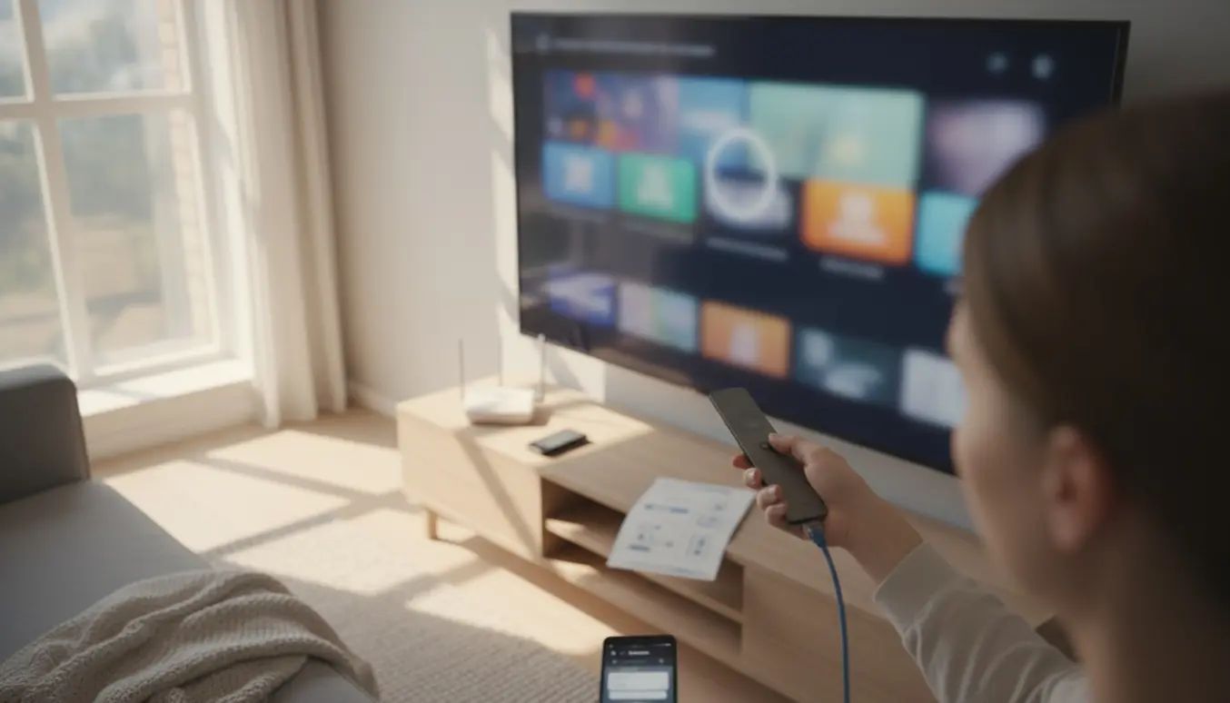 En person installerer en streamingapp på et moderne tv med fjernbetjening og router i en lys stue.