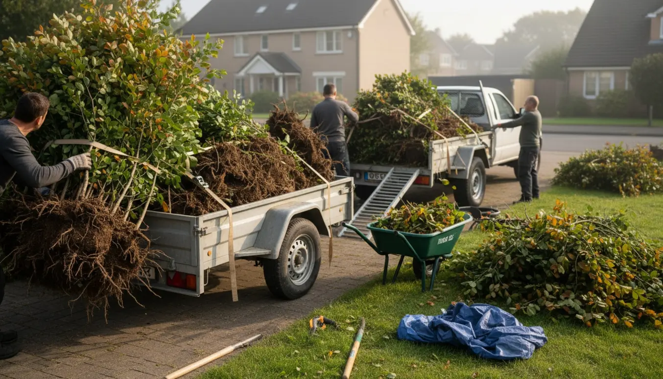 To trailere lastes med opgravet bøgehæk på en indkørsel, arbejdere sikrer læsset.