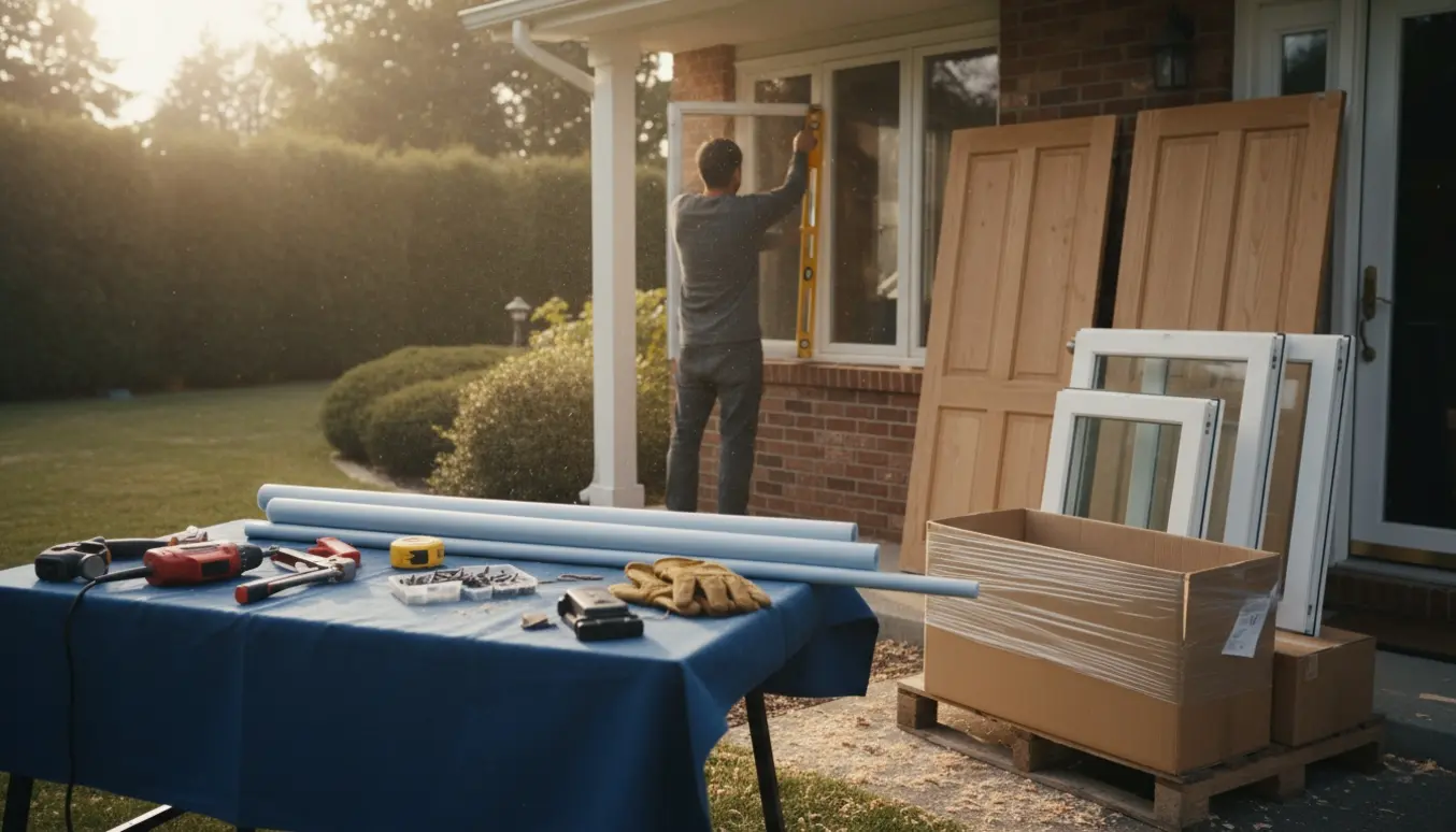 Håndværker monterer et nyt vindue ved huset, med to nye døre og værktøj klar.
