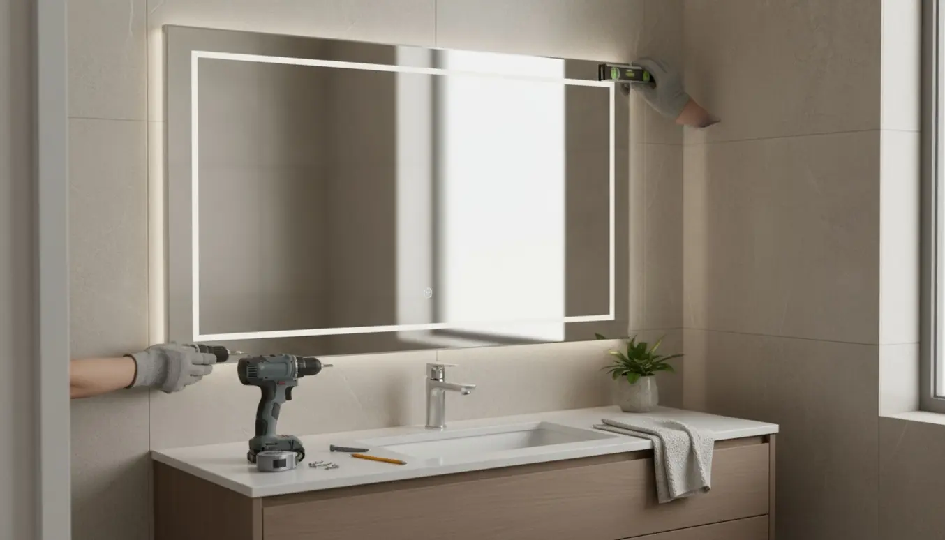 Hænder monterer et moderne Dansani-spejl i et lyst, skandinavisk badeværelse med værktøj på vasken.