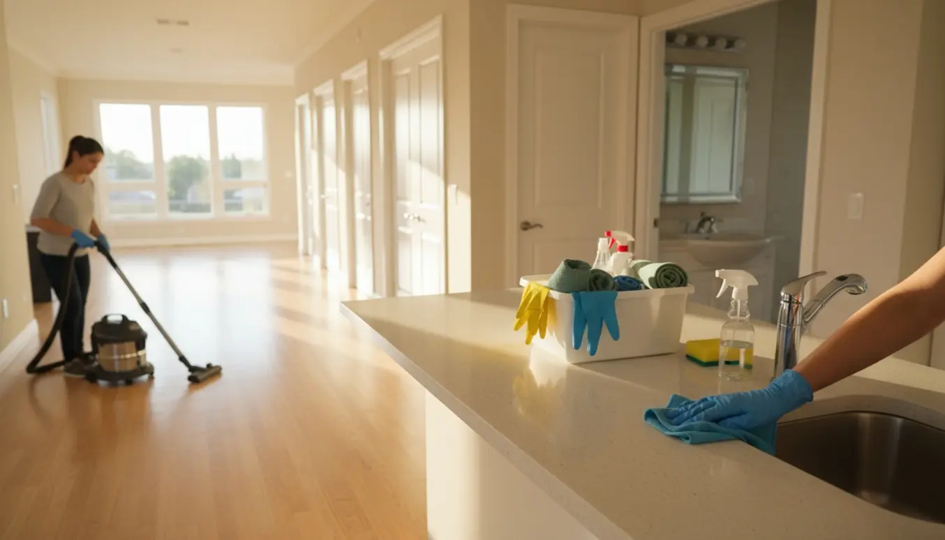 Handsker tørrer køkkenbord af, en støvsuger arbejder i stuen, og et skinnende badeværelse ses i baggrunden.