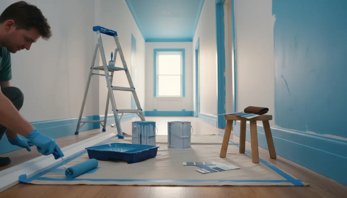 En entré under maling med hvide vægge og blåt loft og træværk, malerbøtter og farveprøver i nærheden.