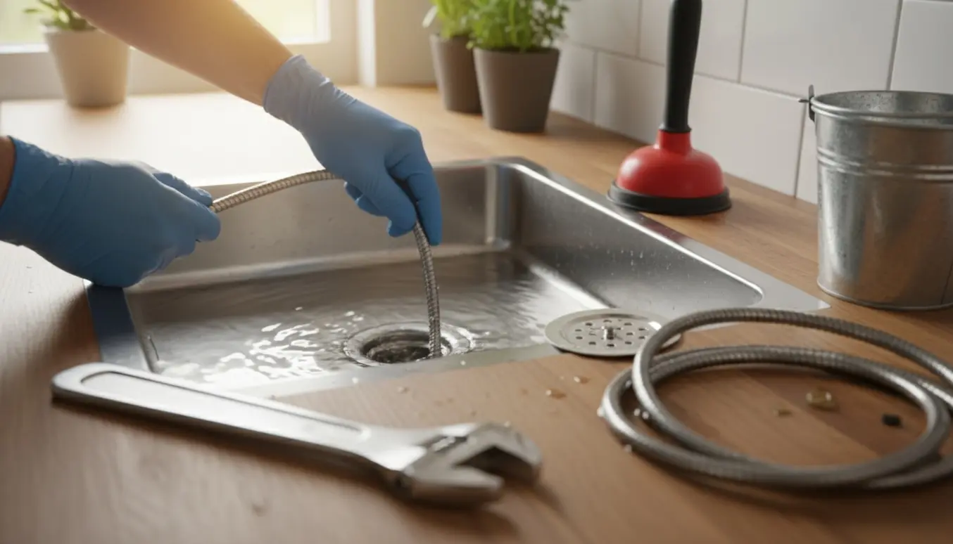 Gummihandsker fører en VVS-spiral ned i et langsomt afløb ved en køkkenvask med værktøj og spand ved siden af.