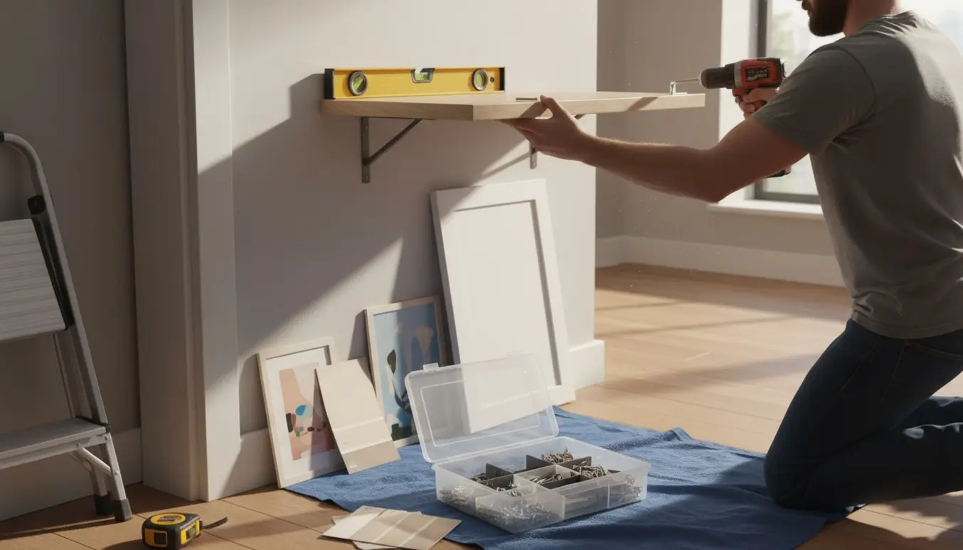 Hjælper fra ryggen monterer en hylde med værktøj klar i et lyst hjem.