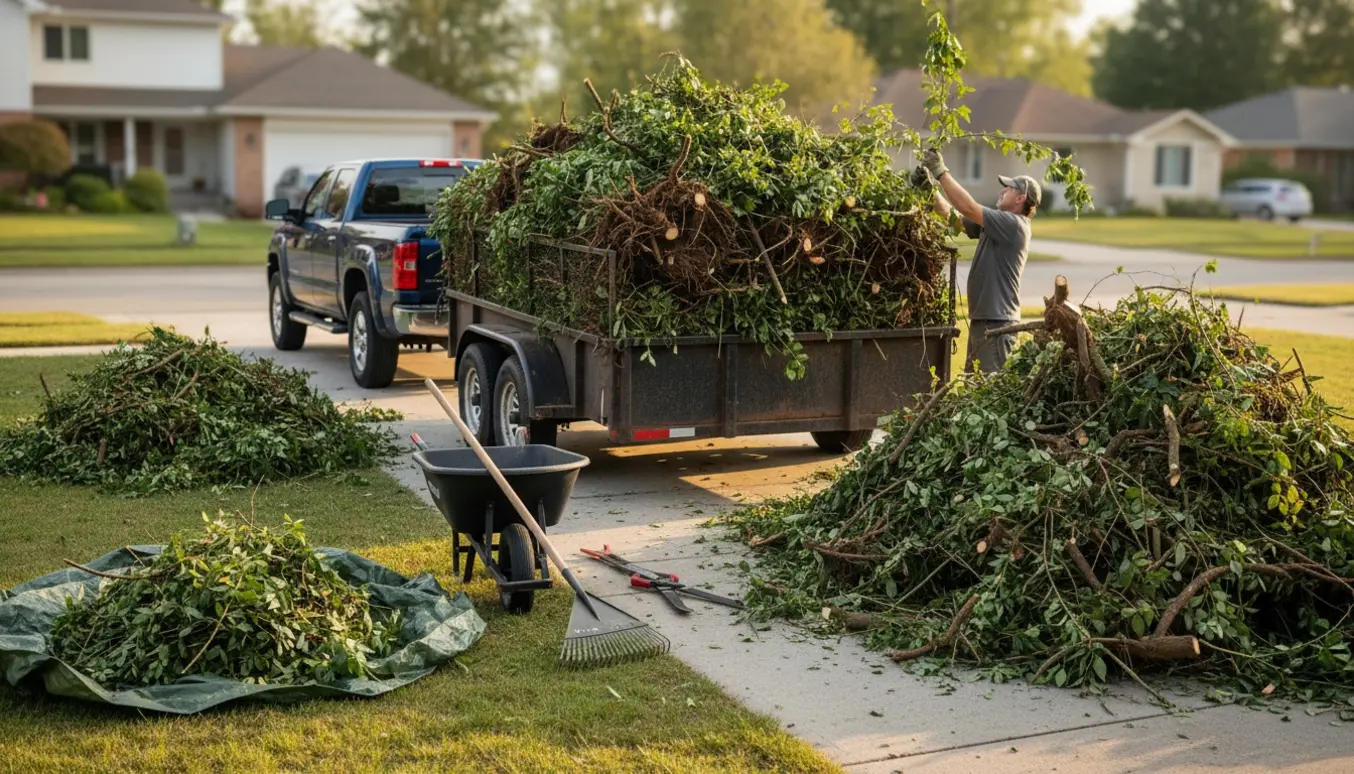Trailer fyldt med hæk- og buskaffald i en indkørsel, klar til bortkørsel.