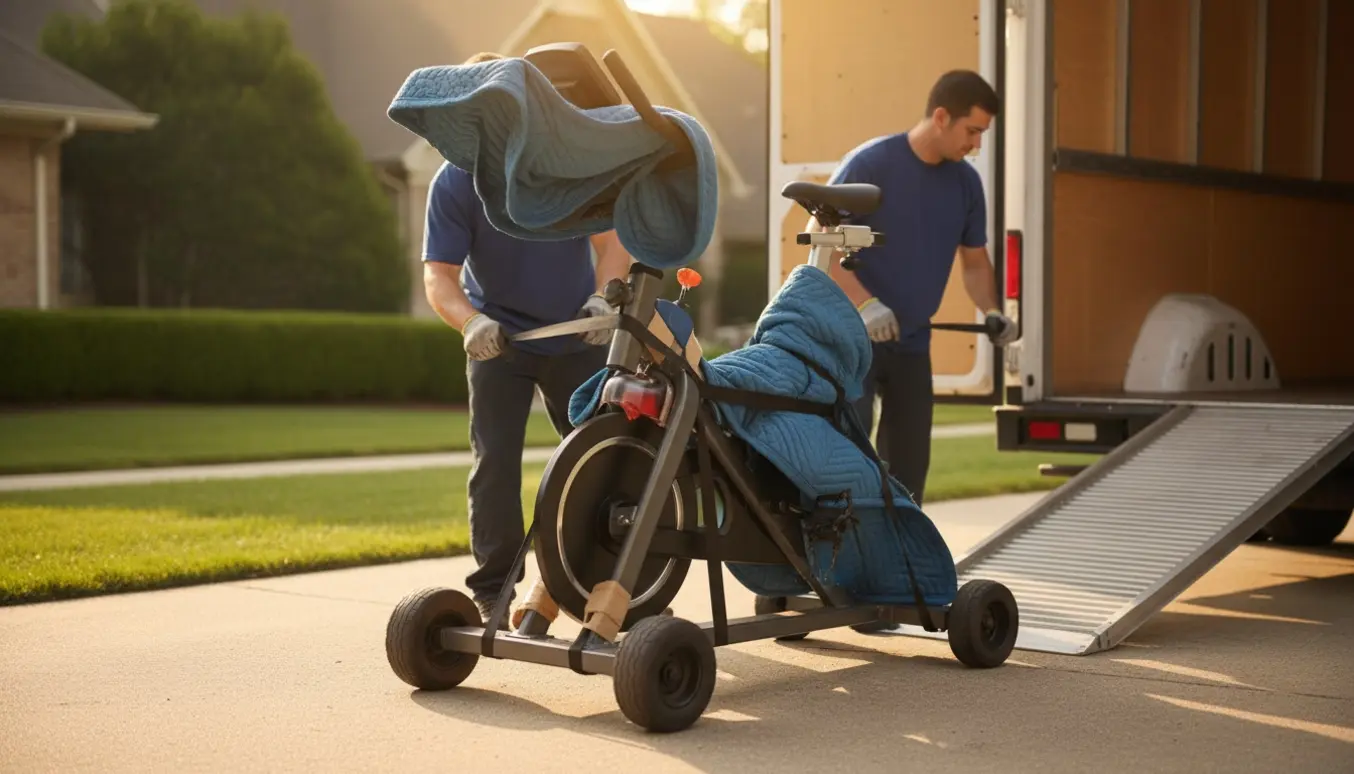 Motionscykel polstret og fastgjort på en flyttedolly ved en åben varevogn i en solrig indkørsel.