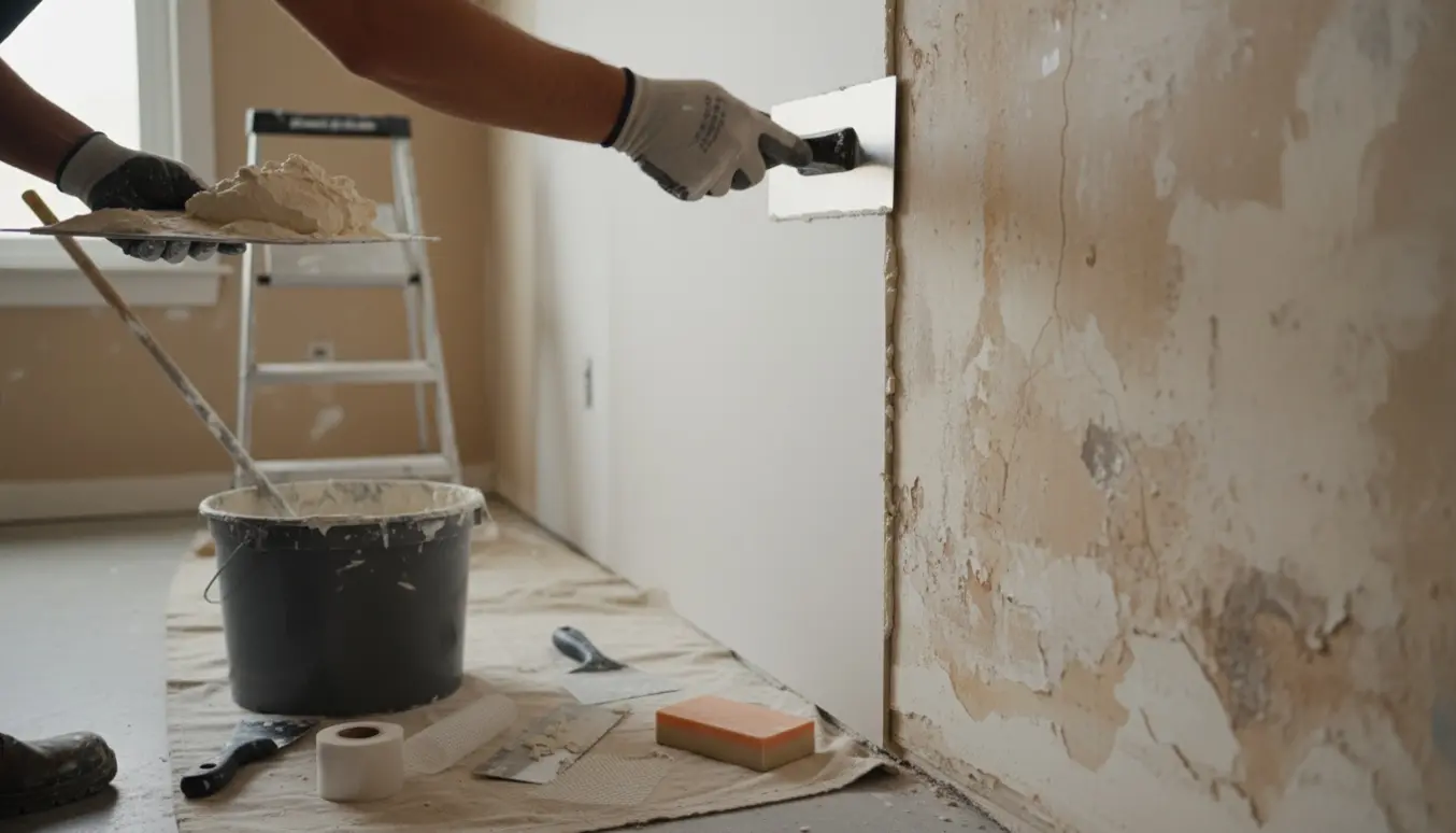 Hænder spartler en lejlighedsvæg med spartel og skål, hvor nye gipsplader møder pudsede vægge.