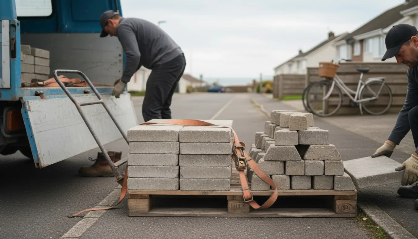 Stakkede havefliser læsset ved kantstenen ved en varebil, klar til transport.