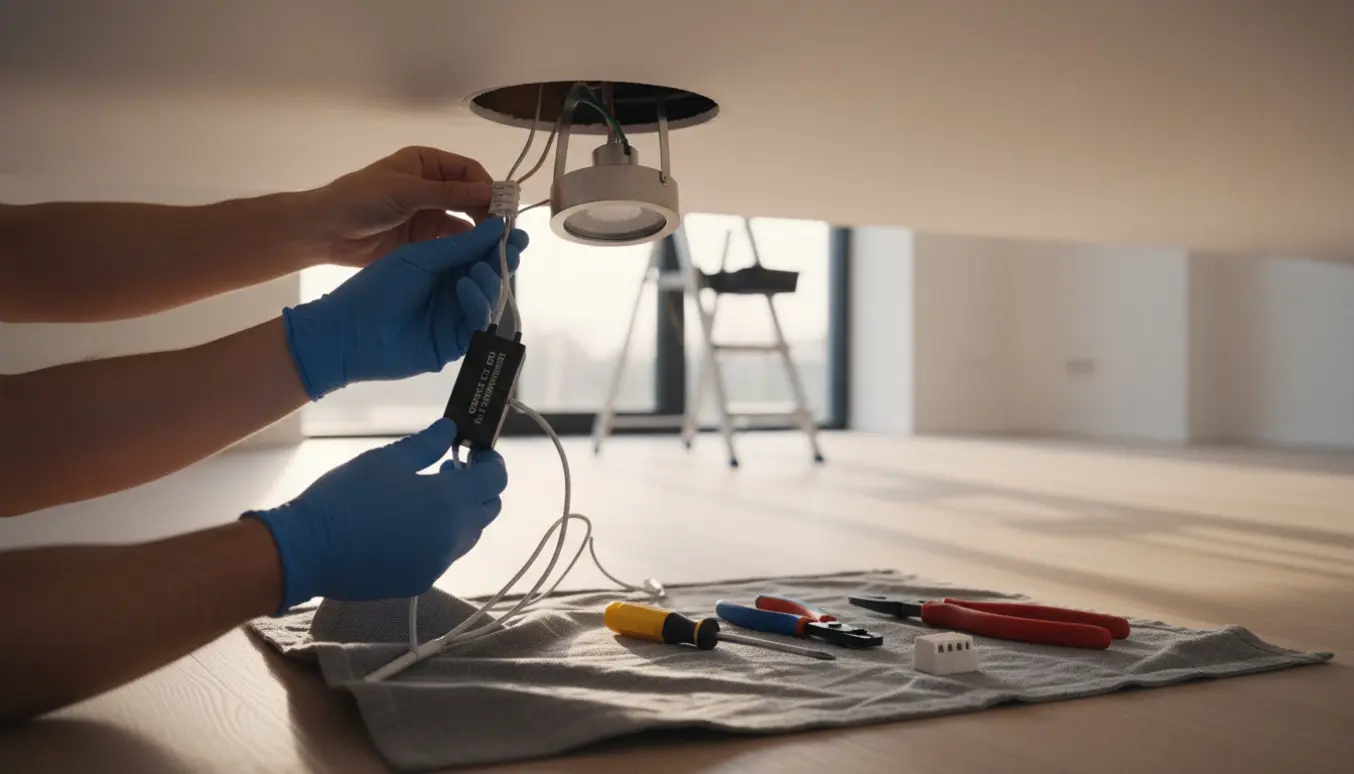 Hænder tilslutter en LED-lampe til en kompakt LED-transformer i et moderne rum.
