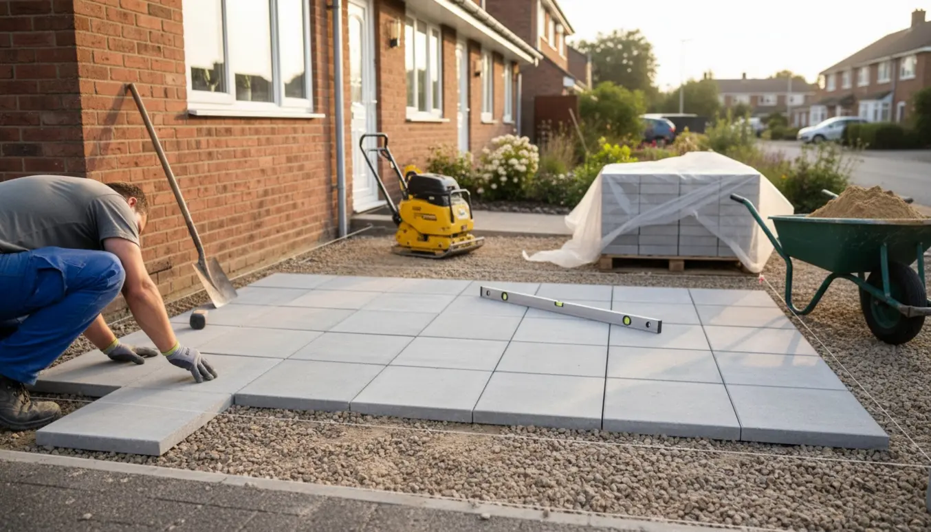 Indkørsel på cirka tyve kvadratmeter under etablering foran et rækkehus med firkantede betonfliser og værktøj.
