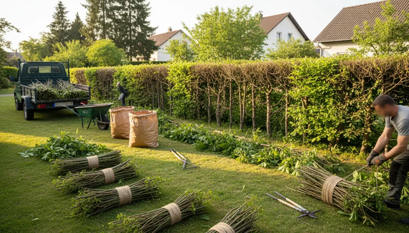Stak af beskårne nøddegrene ved et 30–40 m langt nøddehegn klar til afhentning med trillebør og trailer i baggrunden.