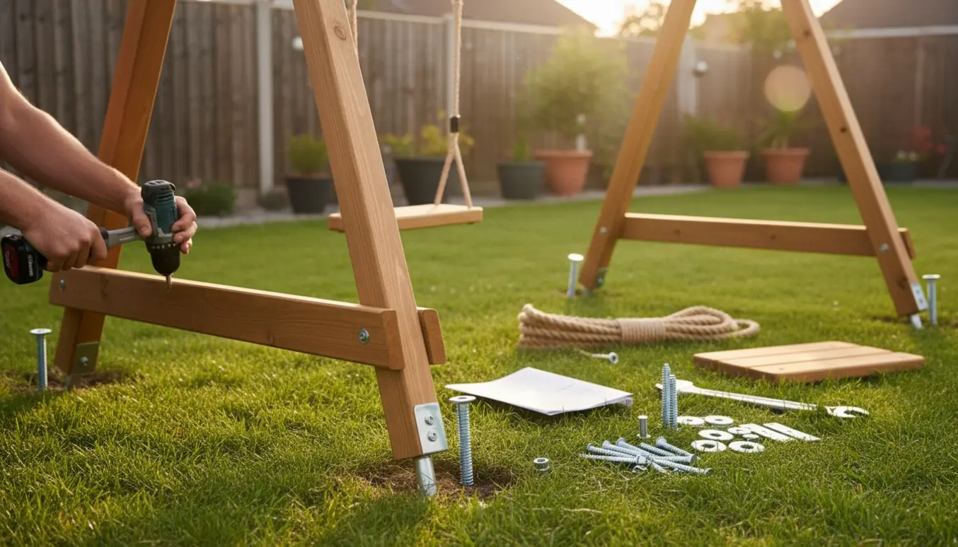 Næsten samlet træ-legestativ i en baghave, hænder spænder bolte, og basen er forankret i græsterræn uden beton.