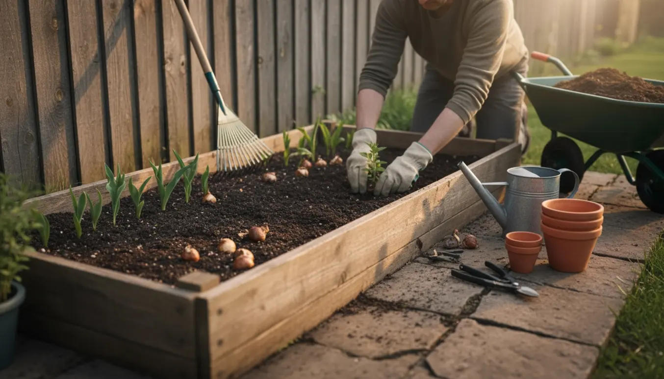 Hænder i havehandsker planter en ung plante i en højbedshave, omgivet af haveredskaber og kompost.