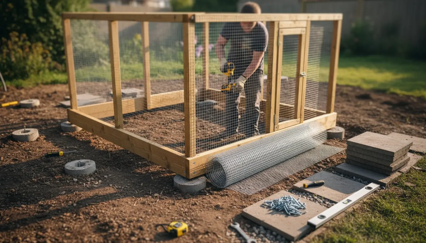 Delvist samlet hønsehus i baghaven med metalnet fastgjort til rem og synlige punktfundamenter.