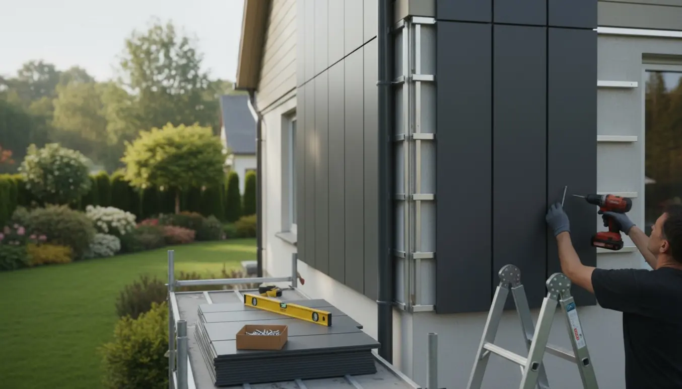 Husfacade med vedligeholdelsesfri kompositplader under montering.