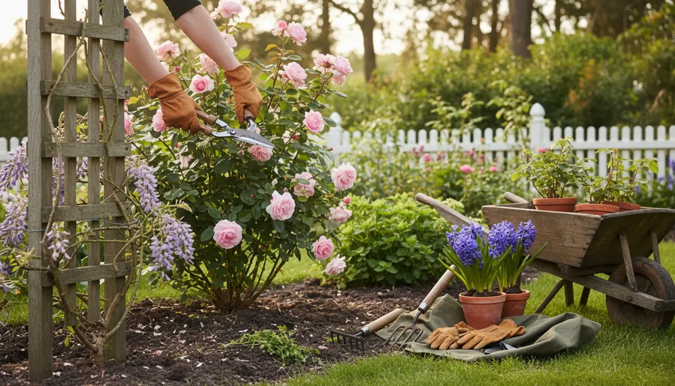 Havearbejde med beskæring af roser, omplantning af hyacinter og nygravet blomsterbed med blåregn i baggrunden.