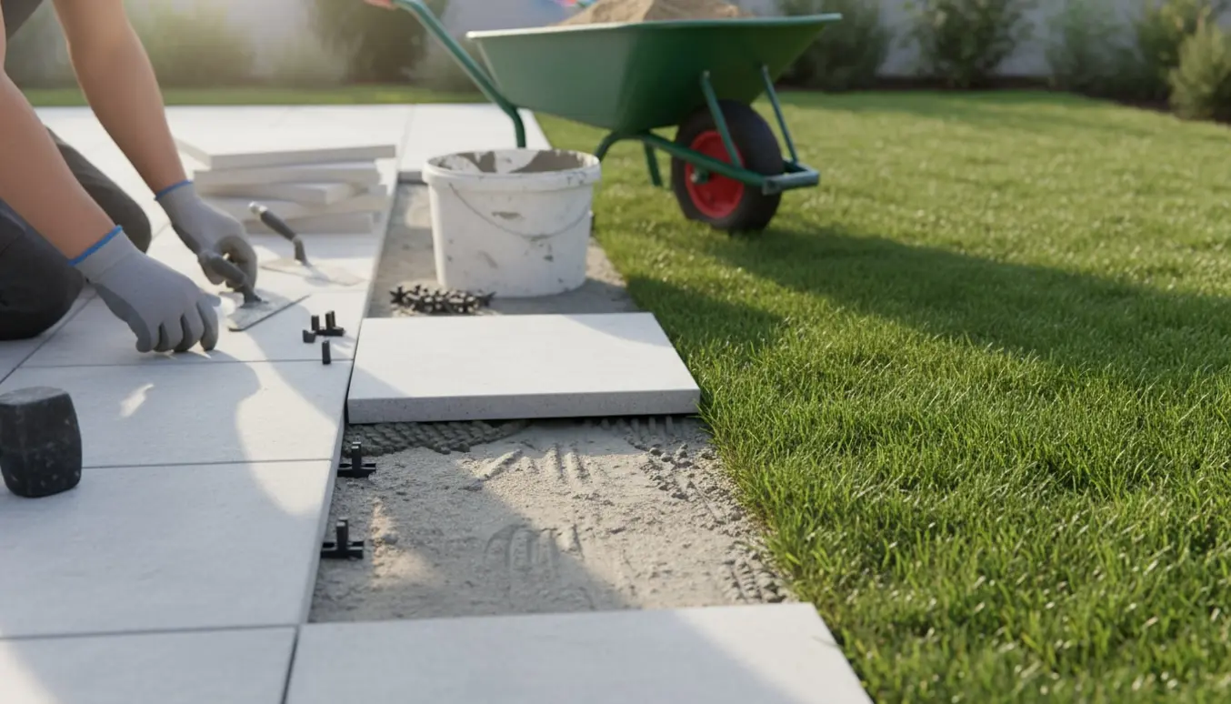 Delvis lagt terrassefliser ved siden af en grøn græsplæne med værktøj klar.