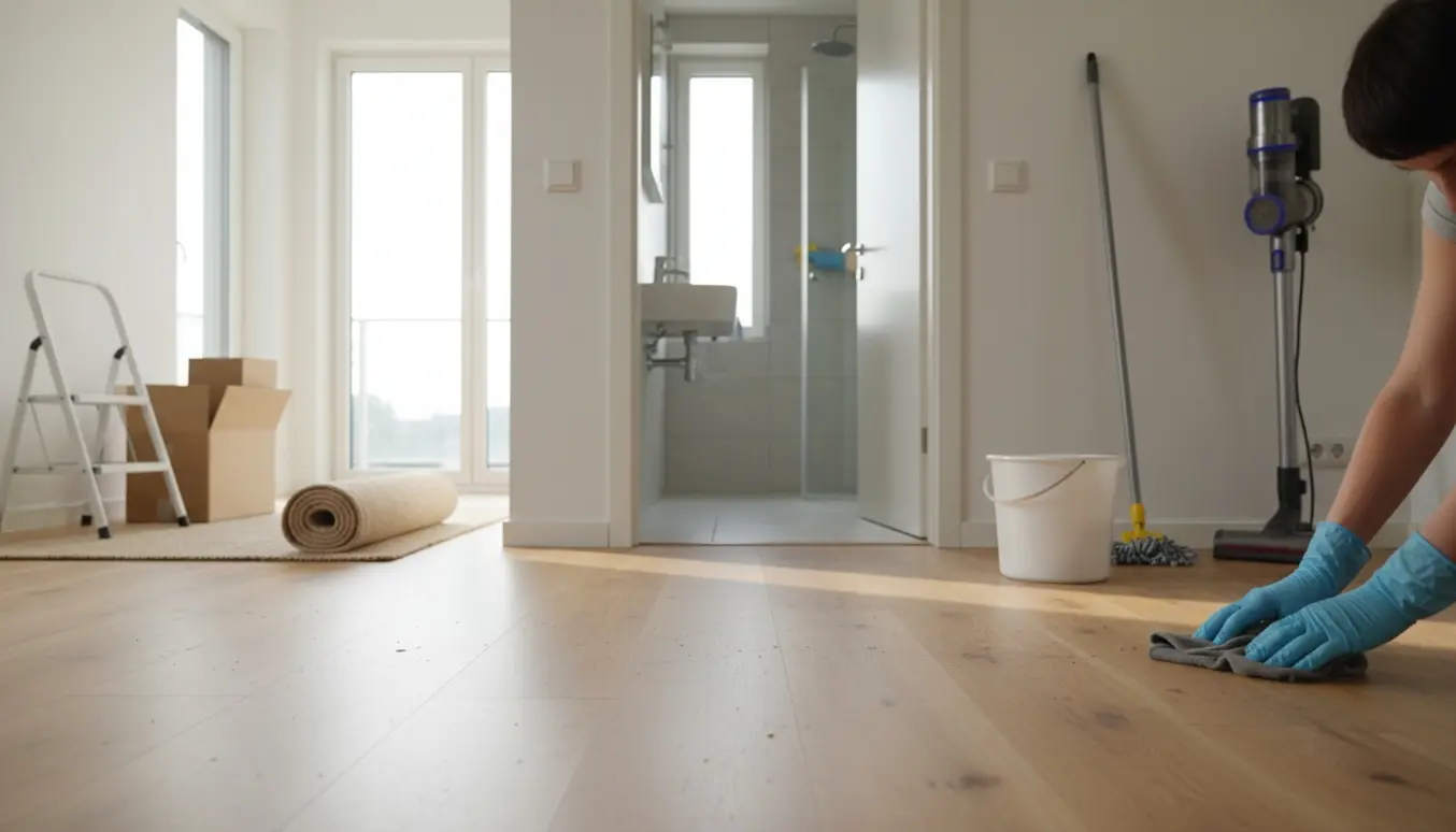 Tom lejlighed under fraflytningsrengøring med hænder, der aftørrer fodpaneler, støvsuger og moppe i baggrunden samt badeværelse synligt gennem døren.