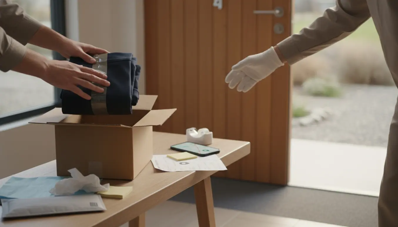Bukser bliver pakket i en kasse ved døren klar til afsendelse, med telefon der viser et kort.