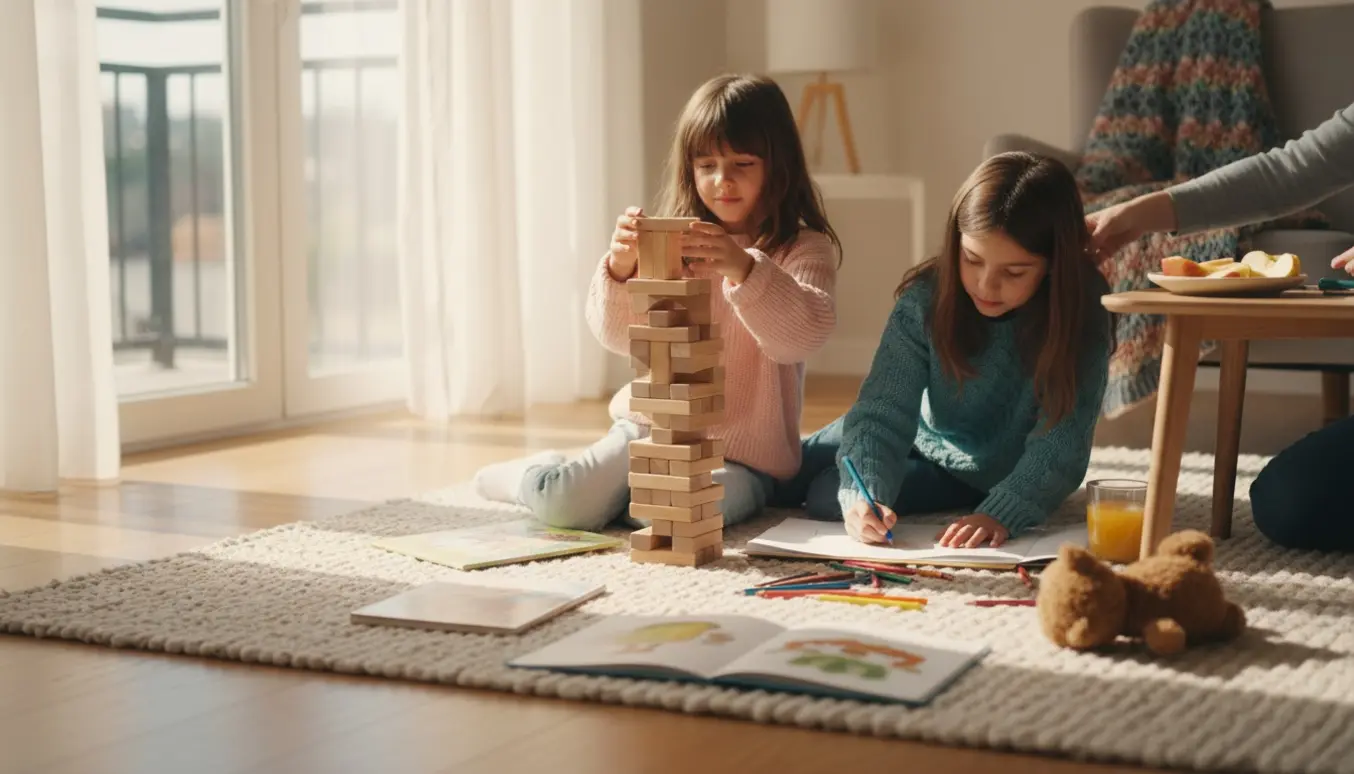To piger på ca. 7 og 9 år leger med byggeklodser og tegner på et blødt tæppe i en solfyldt stue.