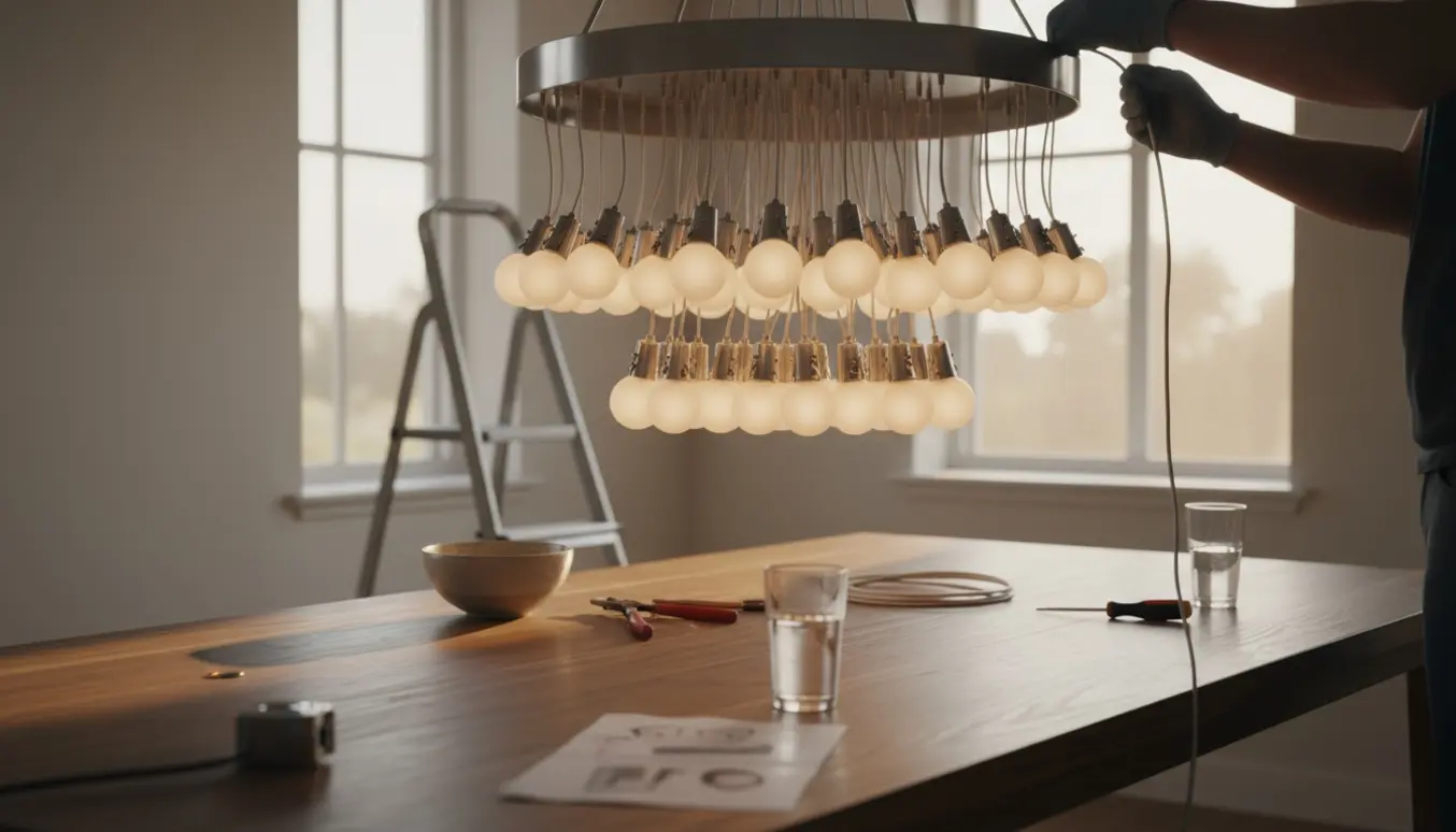 Installation af en moderne multibulbs pendel over et spisebord, med hænder på en stige og værktøj.