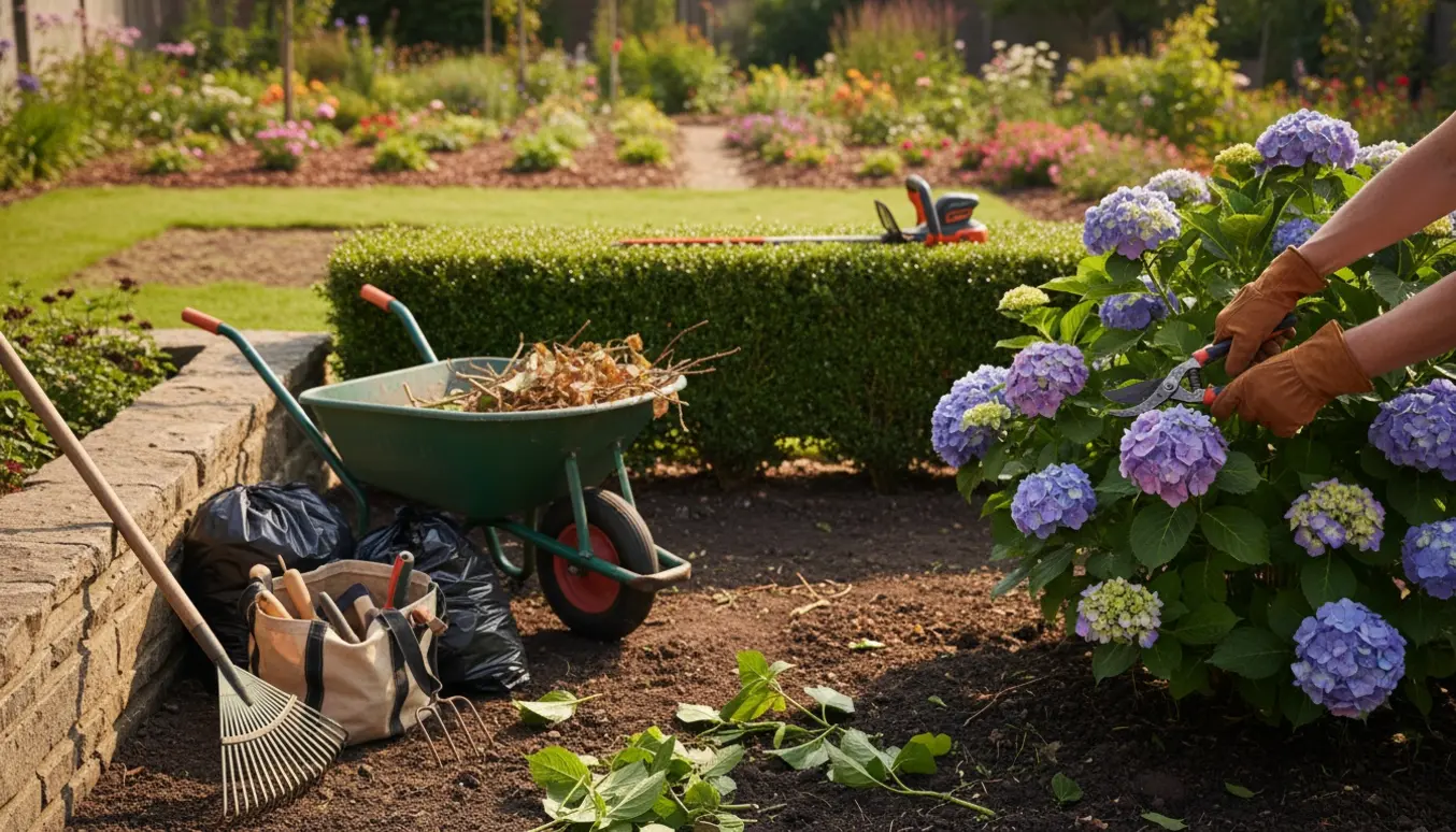 Havearbejde med beskæring, hækkeklipning og værktøj i en solrig forstadshave.