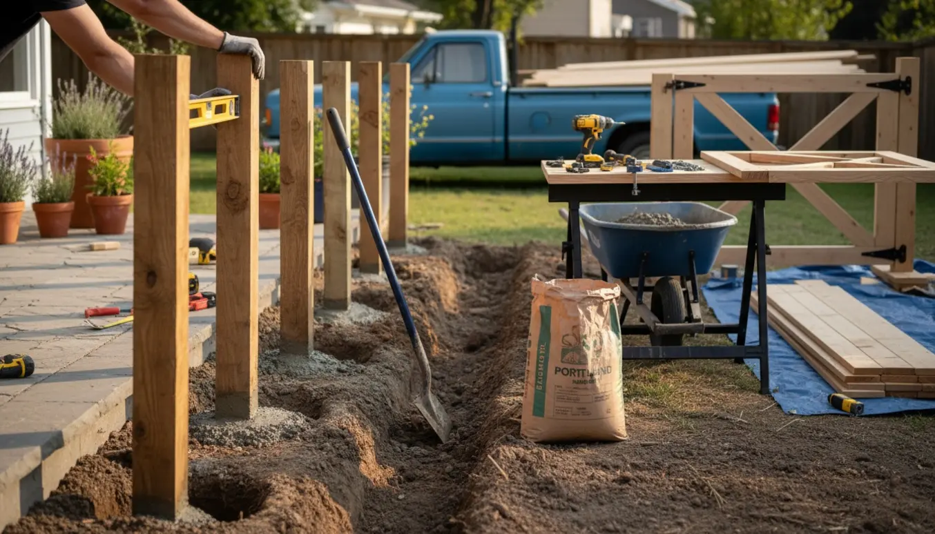 Ferskgravede huller og støbte træstolper ved terrasse med værktøj og træ i baggrunden.
