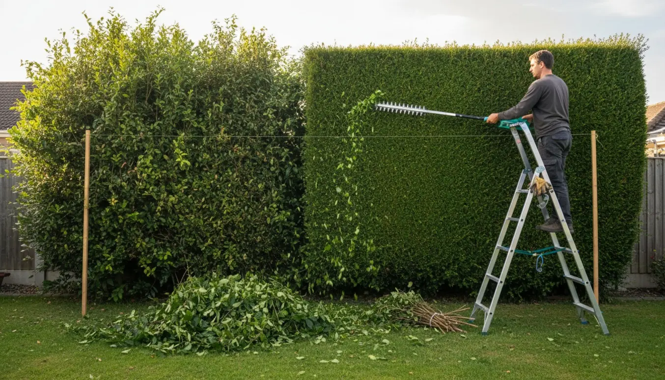Person på en stige trimmer toppen af en høj hæk med en forlængelig hækklipper.